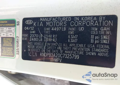 2012 Kia Sportage Lx из США, поврежденный, VIN KNDPB3A20C7325799